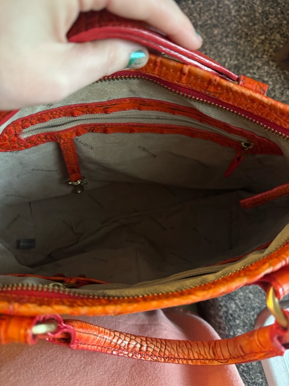 Brahmin Bright Orange Croc-Embossed Leather Satchel - Picture 5 of 15